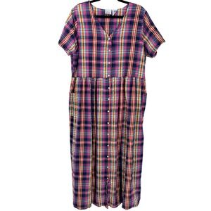 Vtg 90s Plaid Button Front Maxi Dress Womens Sz L modest cottagecore trad wife